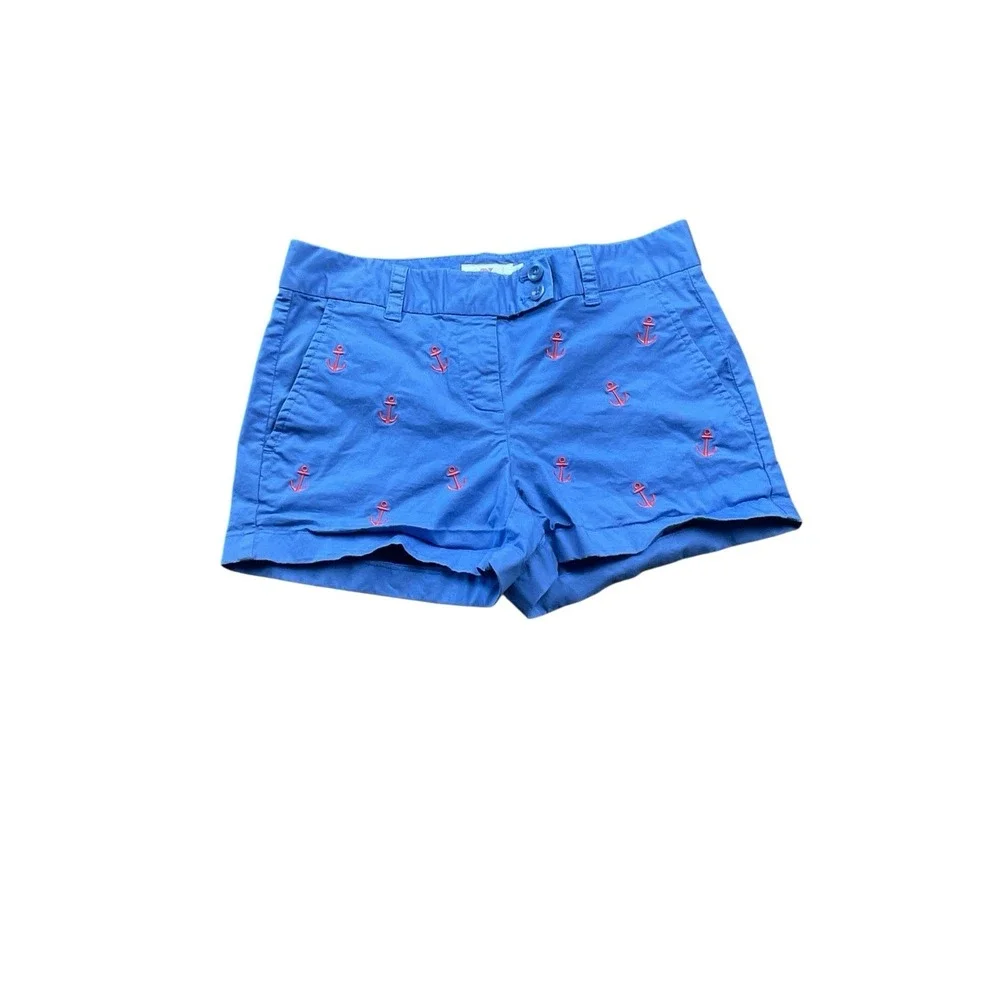 Vineyard Vines Women's Chino Shorts Blue‎ Pink Anchors Embroidered 2